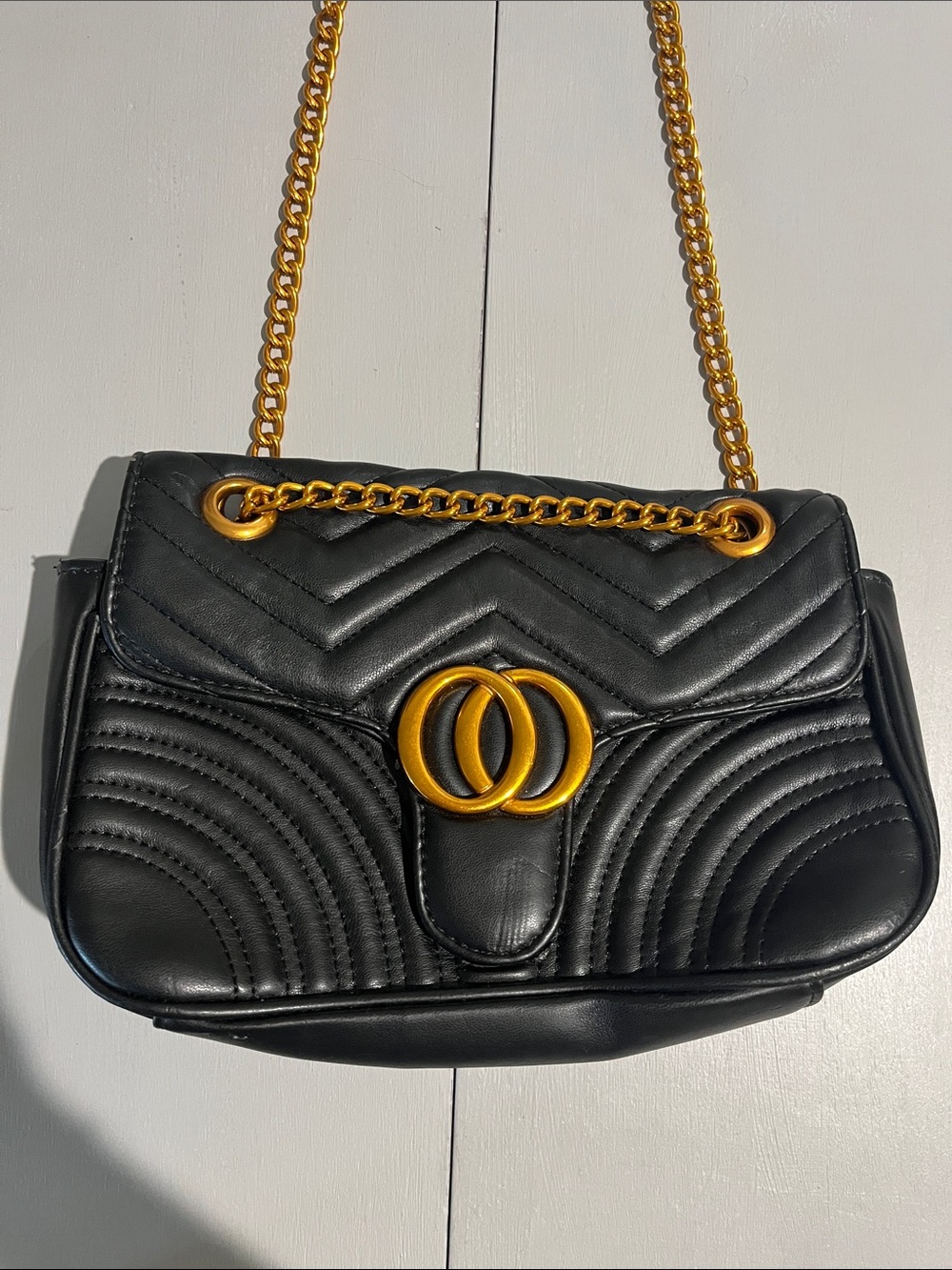 Black Quilted Chain Shoulder Bag with Gold Hardware